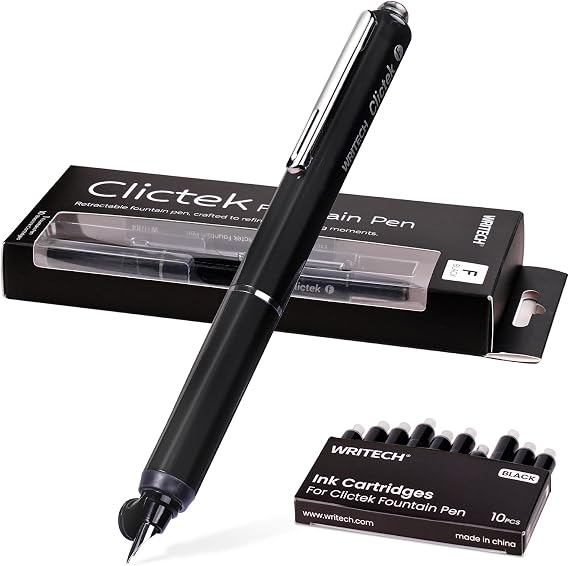 WRITECH Clictek Retractable Fountain Pen: Fine Point Black Ink Cartridges