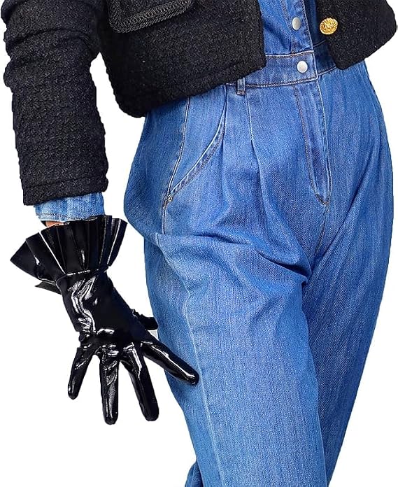 Black Super Long Leather Gloves for Women Faux Patent PU Sexy Opera Glossy Pair Finger Gloves Cosplay Matching