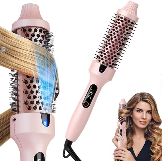 Thermal Brush for Blowout Look, Heated Round Brush with 2 Negative Ions Release for Less Frizzy, Dual Voltage Heated Curling Brush for Travel, Airflow Heat & Dual PTC Technology, Pink