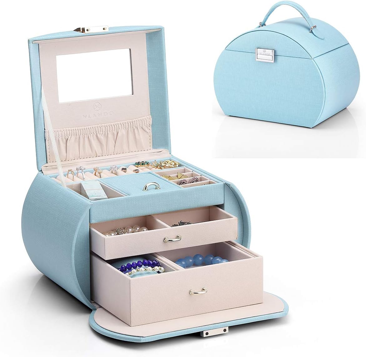 Vlando Jewelry Box for Girls Princess Style Jewelry Box 3-Layer Kids Jewelry Case with Mirror for Girls 8-12 Birthday Gifts Blue
