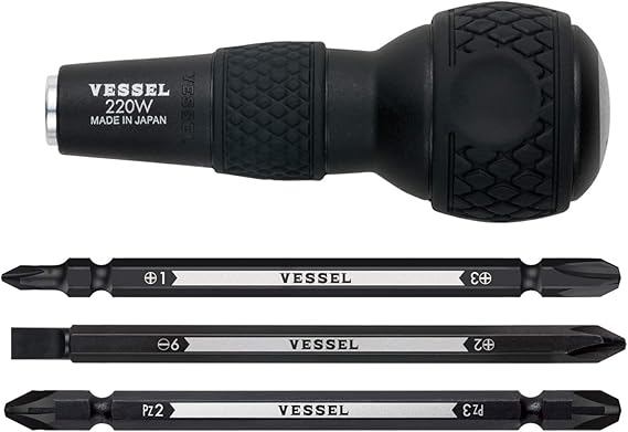 VESSEL BALL GRIP 1/4" Hex. Bit Interchangeable Screwdriver (Bit 3PC. (+1, +3 / +2,6 / PZ2, PZ3) SET. 220W3J1)