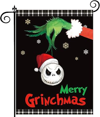 Grin-ch and Jack Skull Christmas Garden Flag for Indoor & Outdoor Decoration, Merry Grinchmas Garden Flag 12 x 18 Double-Sided Vertical Burlap Garden Flag