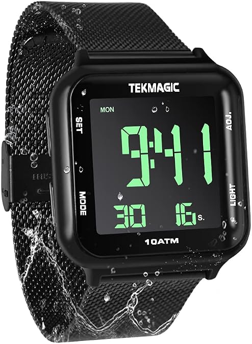 10 ATM Digital Swim Watch Scuba Dive Watch with with Stainless Steel Strap, Chronograph, Timer Countdown, Alarm, Calendar, Stopwatch, and Dual Time Zone Display Functions