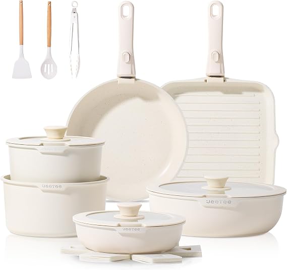 JEETEE 25 Piece Pots and Pans Set Non-Stick Removable Handle Cookware Set for IH Cooking & RV Camping Stackable Pots Healthy Kitchen Cookware Set PFA/PFOA Free Beige