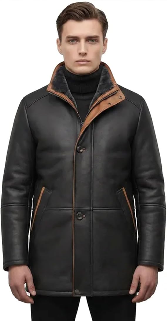 Men's Genuine Shearling Sheepskin Leather Coat, Zipper & Button Closure Winter Coat, Warm Leather Coat
