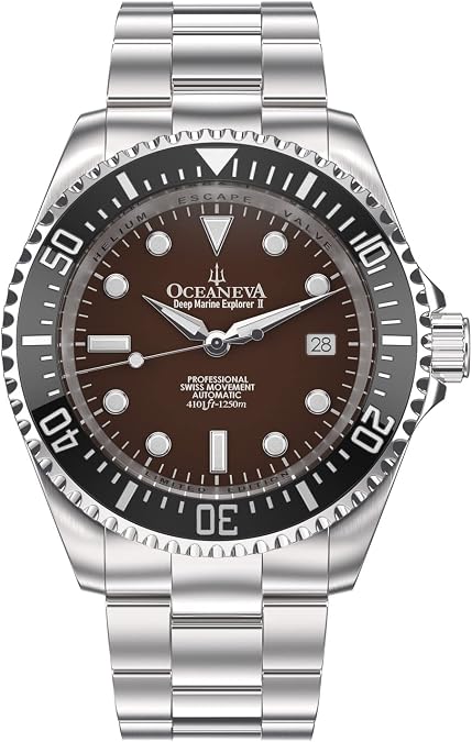 OceanevaTM Men's Deep Marine Explorer II 1250M Pro Diver Watch Black and Brown - Swiss Made Sellita SW200-1 Automatic Movement Stainless Steel Bracelet