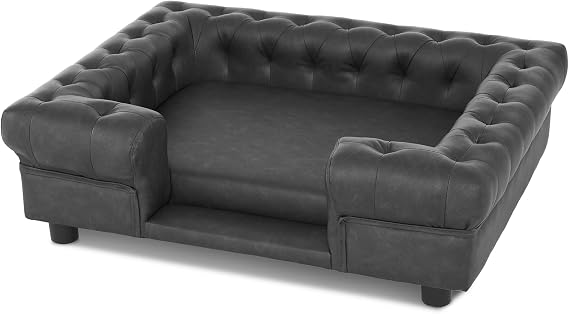 MCombo Faux Leather Dog Couch, Pet Bed for Medium Dogs, Pet Sofa with Small Stairs, 6321 (Dark Grey)