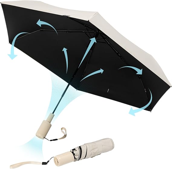 JISULIFE 2 IN 1 Umbrella with Fan, UPF 50+ Travel Umbrella for Sun & Rain, 2500mAh Portable Fan, Strong Windproof Umbrella and Umbrellas for Rain,Beach,Golf - Brown