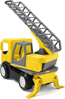 Wader 35369 Tech Truck 35369-Tech Fire Brigade with Ladder, Rotating Attachment, feet and Sturdy Steel axles, Approx. 31 x 14.5 x 19 cm, Yellow, from 12 Months, Ideal as a Gift for Creative Play