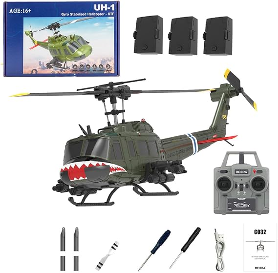 C032 UH-1 Huey RC Helicopter for Adults, 1/48 Scale 2.4G 6CH Flybarless Remote Control Military Helicopter, 3D Stunt Flight & High-Precision RC Airplane for Beginners (Shark Mouth(3 Batteries))