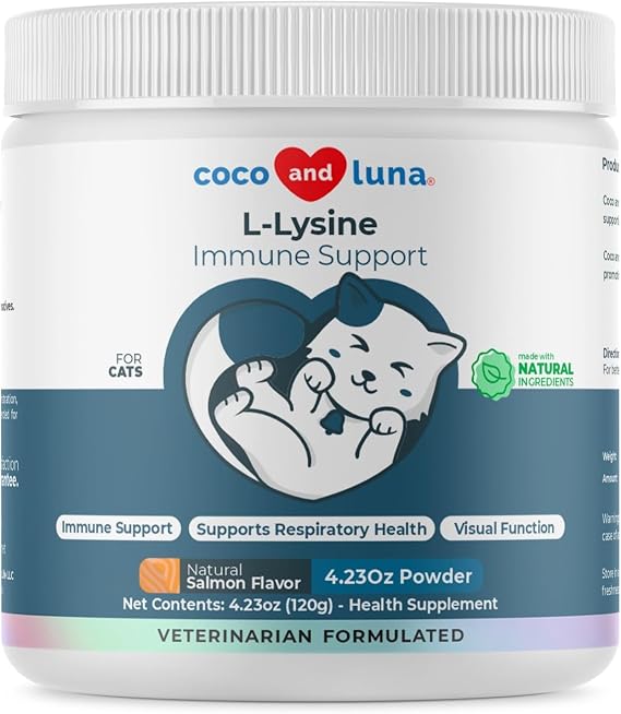 L-Lysine for Cats 900mg - Immune, Eye & Respiratory Support Powder | 900mg/scoop L-Lysine supports immune, eye & respiratory health. For cats with sneezing, runny nose, cold & herpes symptoms.