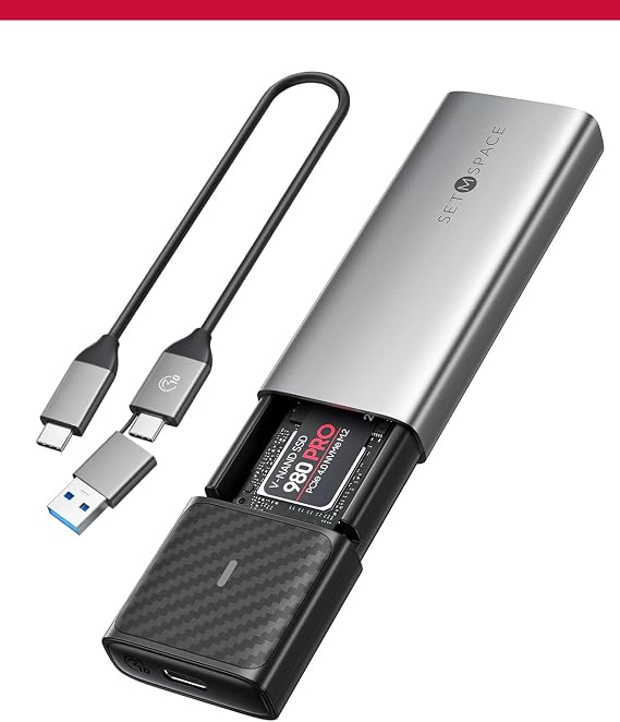 NVME Enclosure [Tool-Free] SETMSPACE M.2 Enclosure with Dual Protocol of NVME&SATA , USB C/A 10 Gbps USB 3.2 Gen2 SSD Adapter, SSD Enclosure for M.2 B&M-Key/M-Key 2230/2242/2260/2280 SSDs- Grey Caddy