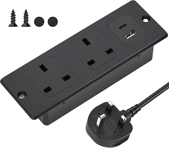 Recessed Power Strip with USB C/A PD20W, Recessed Power Socket with 2 UK Outlets & 2 USB Ports, Hidden Extension Lead with USB C for Furniture Kitchen Office Desk Power Socket with 2M Cable