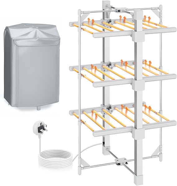 Electric Heated Clothes Airer, 3 Tier Dryer Rack with 24 Heated Bars, Indoor Dryer with Zip Up Cover for Even Faster Drying, Folds Flat for Easy Storage