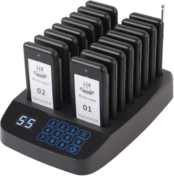 LOUKIENE Restaurant Pager System, 16 Wireless Beepers, Touch Screen Keyboard Calling Customers Waiting Pagers with Vibration Flash and Buzzer for