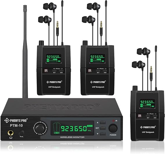 Phenyx Pro PTM-10 (1 Bodypack) in Ear Monitor System Stereo IEM System with Rack Mount Kit Bundle with 2 Compatible PTM-10 Bodypack Receivers
