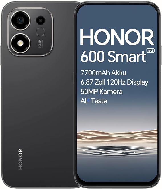HONOR 600 Smart 5G Smartphone, 4+256GB, 7700mAh Akku, 6,87 Zoll 120Hz Display, Snapdragon 4 Gen 2 Pro+, AI Taste, 50MP Kamera, Dual Stereo Lautsprecher, 2,5m Fallfestigkeit, IP64 wasserresistent