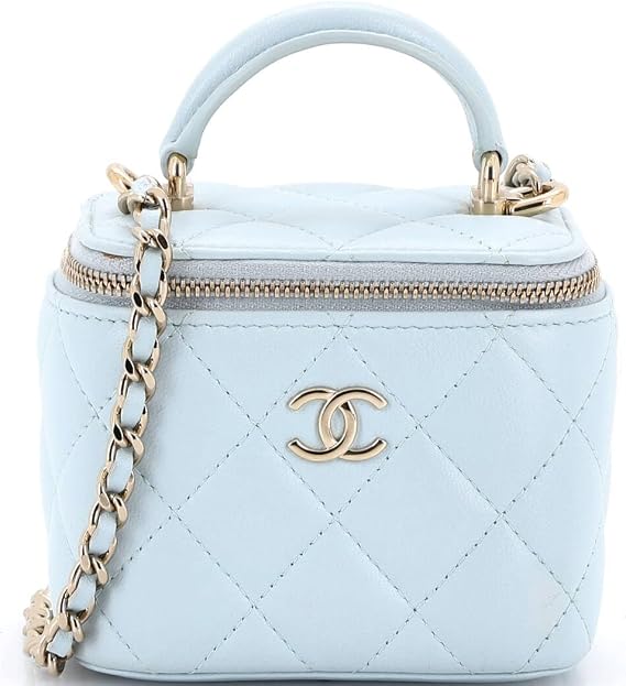 Pre-Loved Classic Top Handle Vanity Case with Chain Quilted Lambskin Mini, Blue