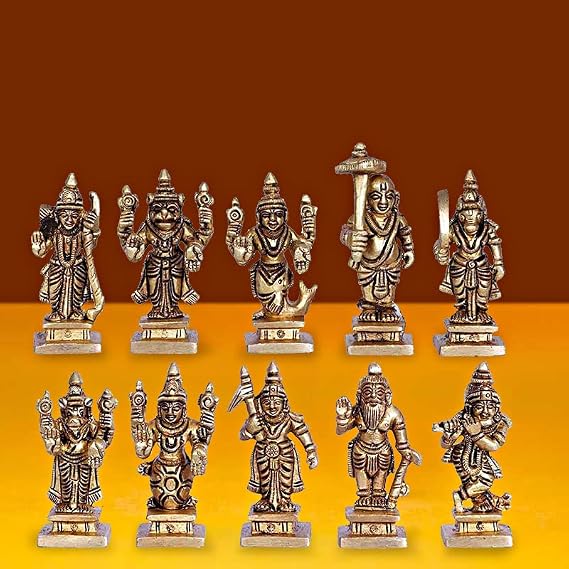 ARTVARKO Brass Dashavatara Dasavatharam of Lord Vishnu Statues Ten Incarnations Avatars Idol Murti for Mandir Puja Temple -Height 2.5 Inches