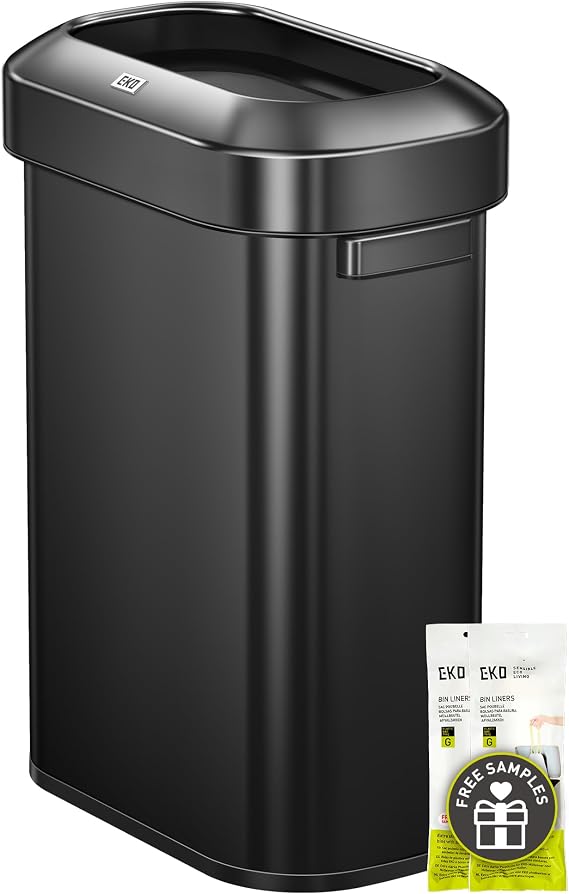 EKO Urban 16 Gallon/60 Liter Open Top Stainless Steel Slim Commercial Trash Can, Tall Kitchen Trash Bin, Heavy-Duty Commercial Grade Large Garbage Bin for Home, Office, Hotel, Restaurant, Matte Black