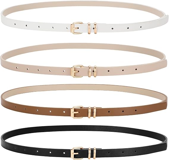 4 Pack Women Skinny Leather Belts for Dress with Gold Buckle Ladies Thin Waist Belt for Jeans Pants
