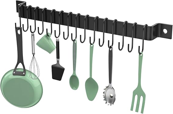 Housolution Wall Mounted Kitchen Rail Utensil Rack Hanger with 15 Hooks | Heavy Duty Iron, Rust Resistant, Easy Install