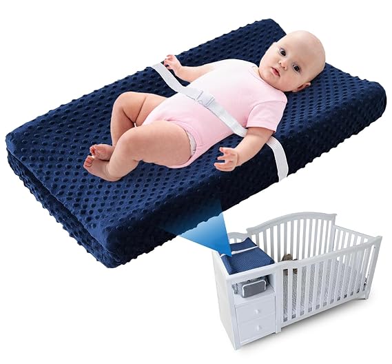 LOONAH Compact Small Changing Pad with Cover - 27" X 16" Contoured Baby Diaper Changing Pad for Combo Crib with Changing Table-Waterproof & Hypoallergenic, Safety Strap with Quick-Release Buckle-Blue