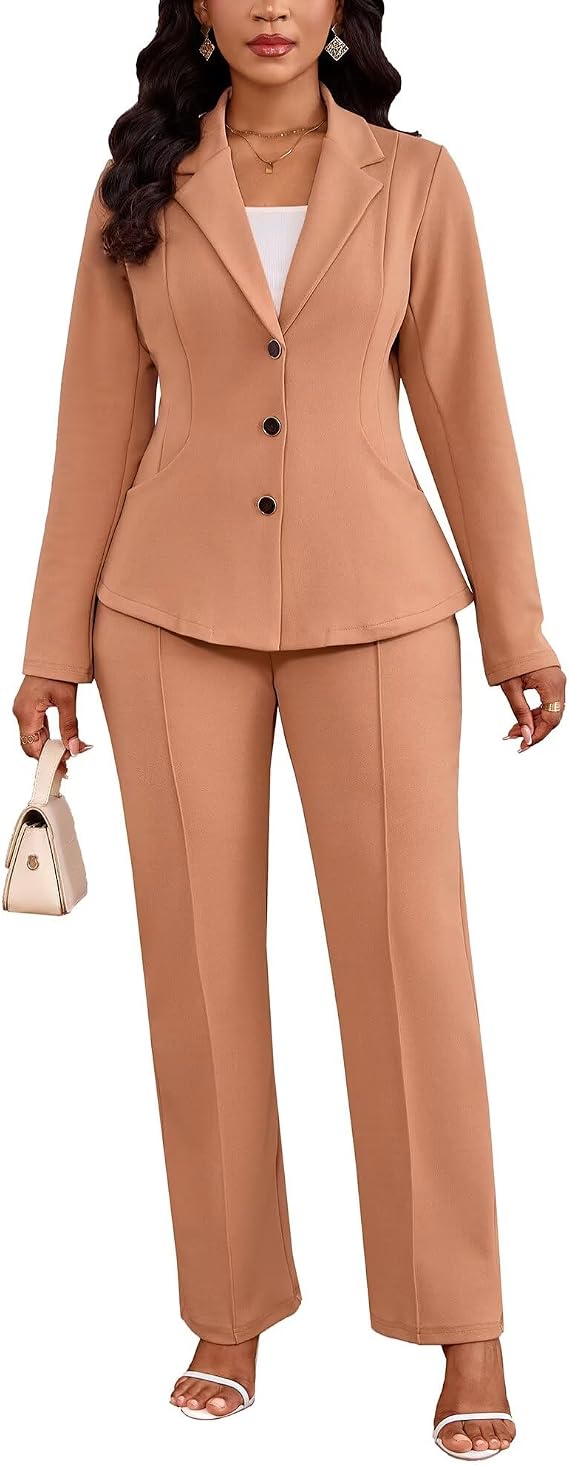 Kafiloe Women Suits 2 Piece Set Long Sleeve Blazer Pants Suit Dressy Business Casual Work Outfits Office Khaki S
