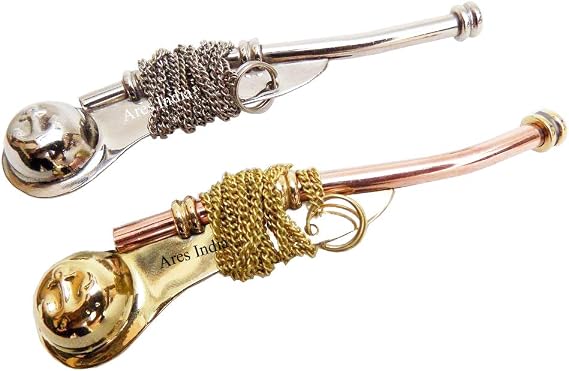 Ares India Brass Boatswain Whistle 5" with Chain Bosun Call Pipe Nautical - Set of 2