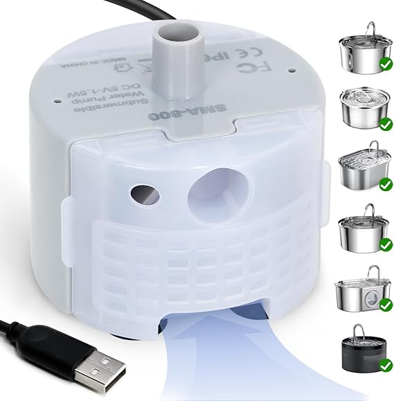 Ultra-Quiet Replacement Pump for Stainless Steel Cat Water Fountains - SMA-800 Motor - Safe and Easy to Clean with Low Voltage DC 5V and USB Cable