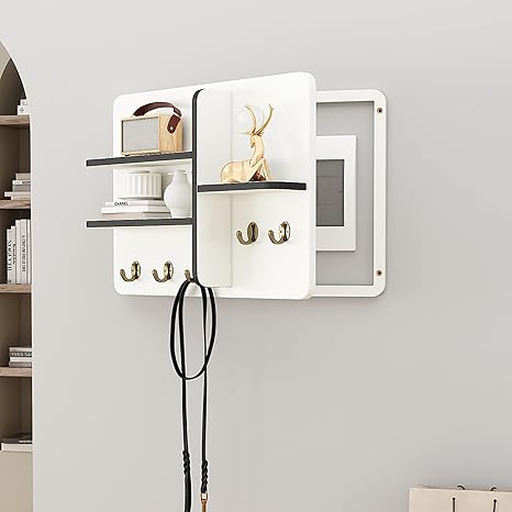 Decorative Fuse Box Covers, Hide Electrical Panel Decoration Wall Mounted, Wooden with Shelf & Hooks, Adapts to Different Interior Decoration Styles(White 2,50 * 40cm/20 * 16in)