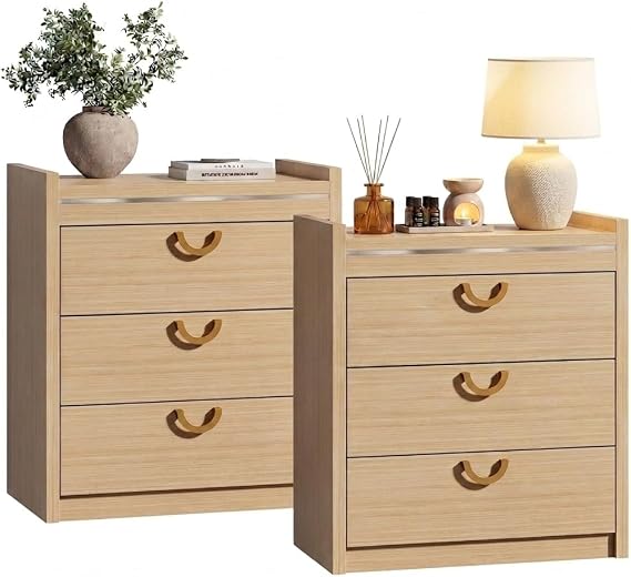 Large Nightstands Set of 2, 30.59" Tall Night Stands for Bedroom,Modern Wood Bedside Table with 3 Storage Drawers & Gold Handle,End Table Mid Century Nightstand for Living Room, Hallway (Natural Oak)