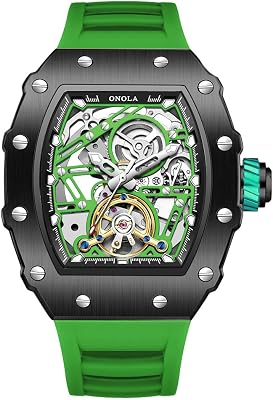 Fashion Tonneau Silicone Strap Fully Automatic Watches for Men Hollow Out Rudder Flywheel Mechanical Watch Tourbillon Skeleton Waterproof Wristwatch
