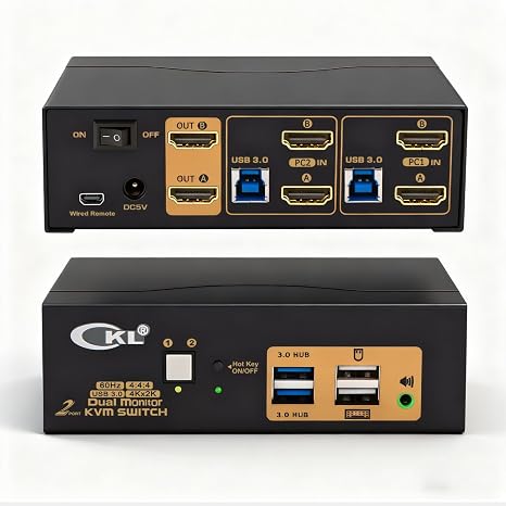 CKL KVM Switch Dual Monitor HDMI 4K@60Hz (2 Monitors 2 Computers 922HUA-3) for Home and Office to Console Desktops/Laptops, Support USB 3.0, Hot Key, Audio, Wireless Keyboard and Mouse