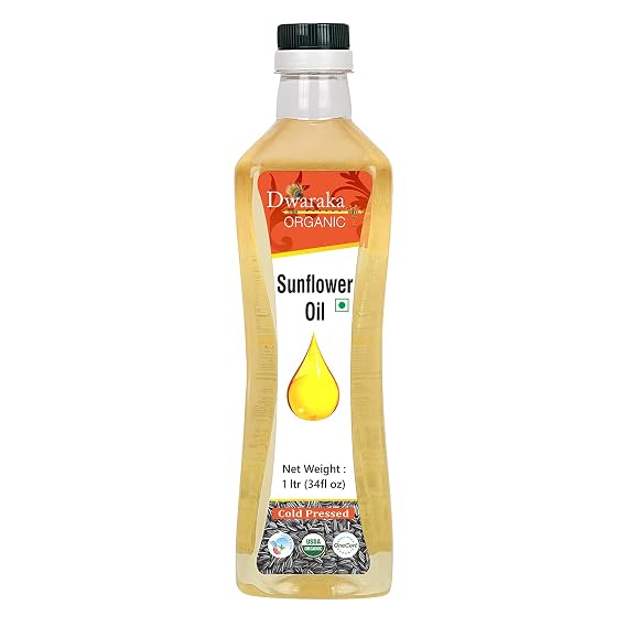 Dwaraka Organic - Cold Pressed Sunflower Oil, 1L, 33 Fl Oz, Healthy, Organic, Non GMO, All Natural