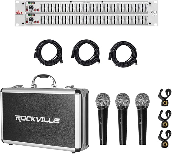 dbx 231S Dual 31 Band Graphic Equalizer Pro Audio Rack Mount Eq Bundle with (3) Rockvilie Rcxfm20E-B 20 Foot Female to Male XLR Mic Cable & Rockvilie Rmc-3Pk Metal Wired with Metal Case (3 Items)