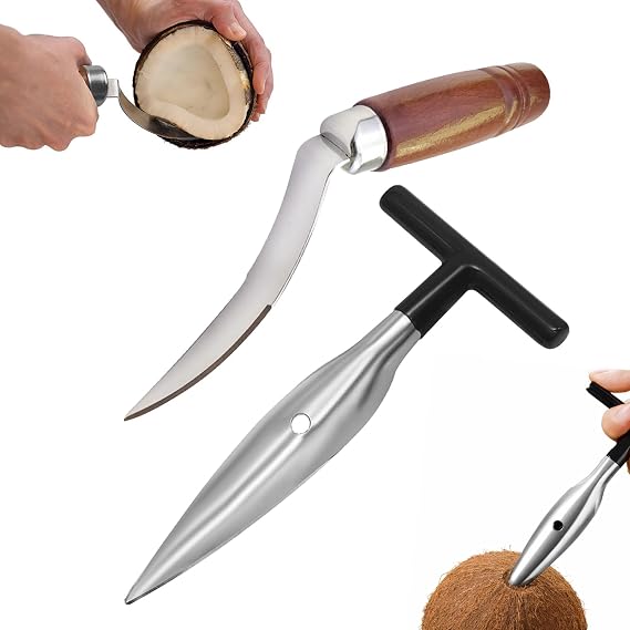 Coconut Opener Stainless Steel Puncher Scraper Tool With Wooden Handle
