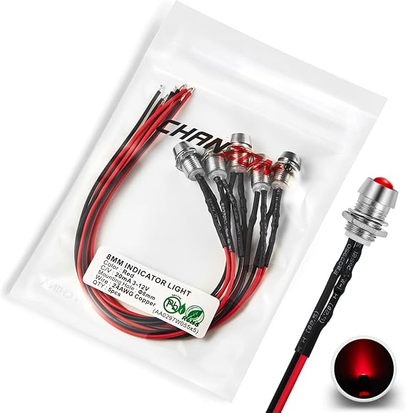 [UL Wire] Chanzon 5 pcs 8mm Panel Mount + 5mm LED Colored Red Pilot Diode Light (Diffused Round Lens) 12V Universal Flush Mount Dash Board Indicator Panel Socket Lights Bulb Lamp for Cars Boats