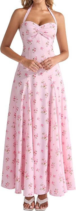 EYNMIN Womens Halter Maxi Long Flowy Floral Summer Wedding Guest Dresses