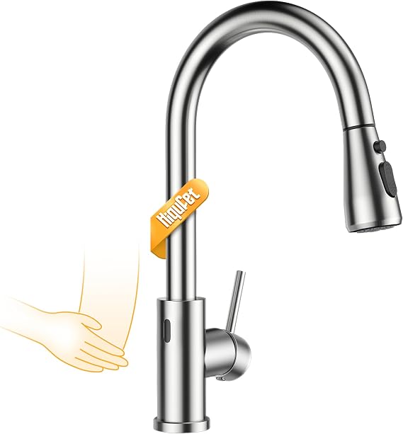 Hiqufet Touchless Kitchen Sink Faucet with Pull Down Sprayer, Stainless Steel Smart Motion Sensor Faucet for Pot Filler, Farmhouse Camper Bar Sink Laundry Room, Brushed Nickel