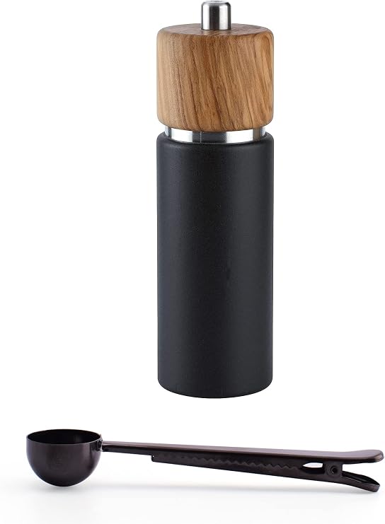 Zassenhaus Hannover Salt Grinder Mill Gift Set, 7-Inch, Matte Black/Natural Olive Wood - With Stainless Steel Spice Scoop & Bag Clip