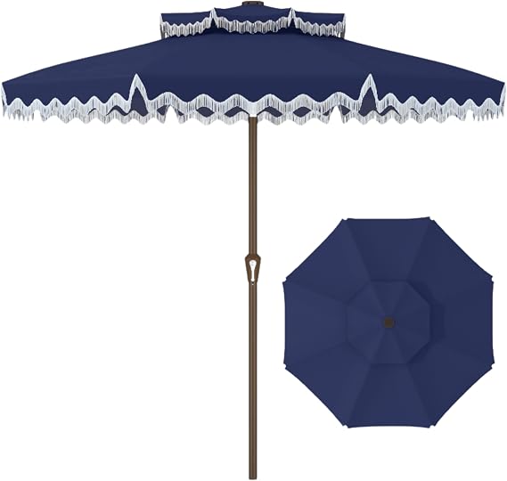 Patiokingdom 9FT Patio Umbrella with Fringe,Tassel Umbrella UPF 50& Push-Button Tilt,Rust-Resistant Fiberglass Frame for Pool,Garden,Backyard,Yard (Navy)