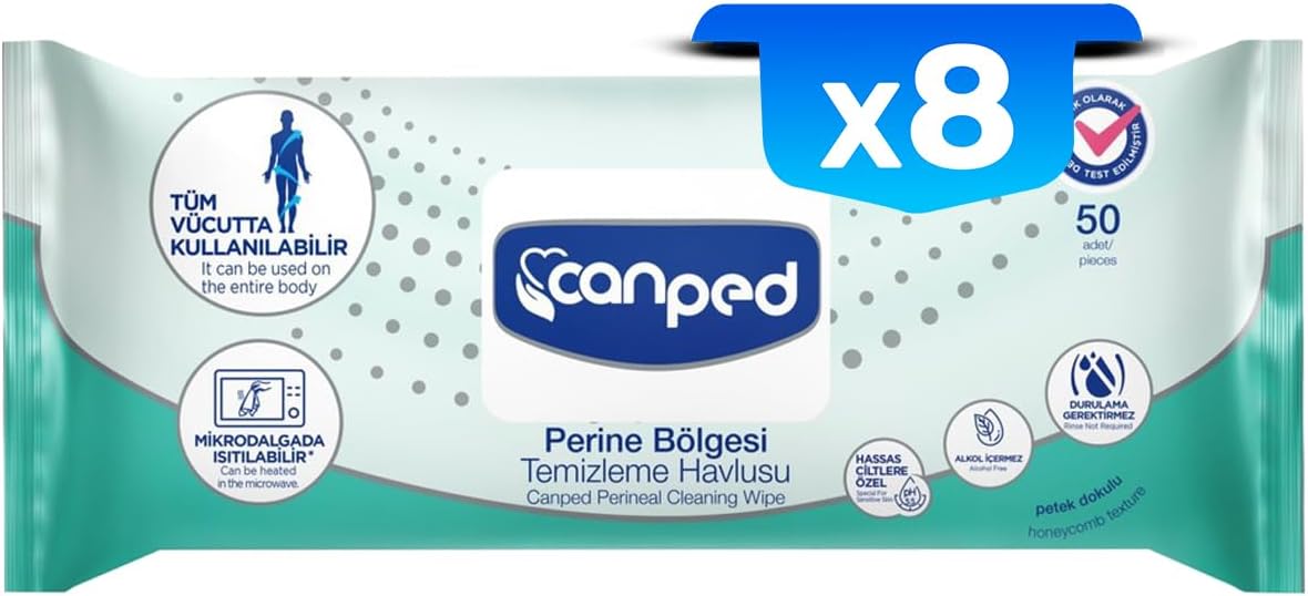 Canped Perine Bölgesi Temizleme Havlusu, 50'li x8 Paket, pH 5.5, 30x32cm