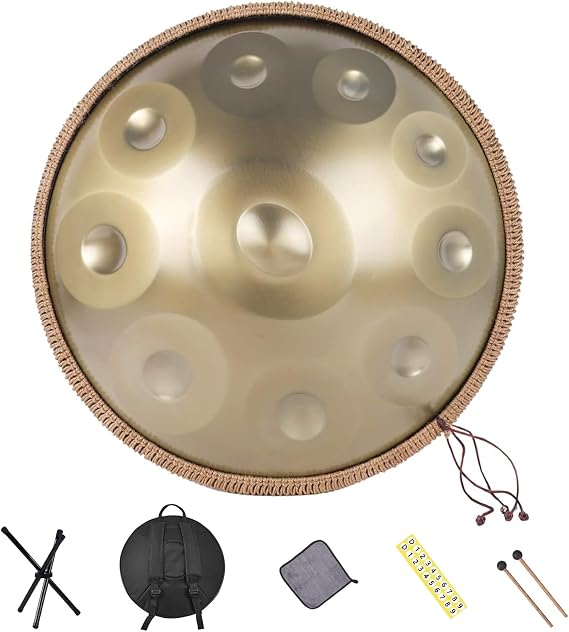 Handpan Drum 22 Inches 10 Notes 440HZ in D Minor Steel Hand Drum with Soft Handpan Bag, Harmonic Percussion for Sound Healing, Handpan Instrument for Personal Meditation,Yoga(Gold)