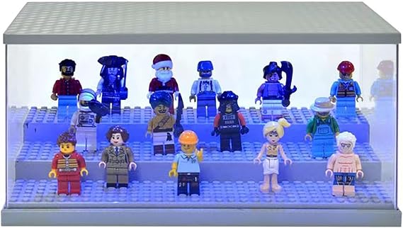Display Case with LED Light for Minifigure Action Figures Blocks, 3 Layers Acrylic Minifigure Storage Display Box for Lego Mini Figures, Gray