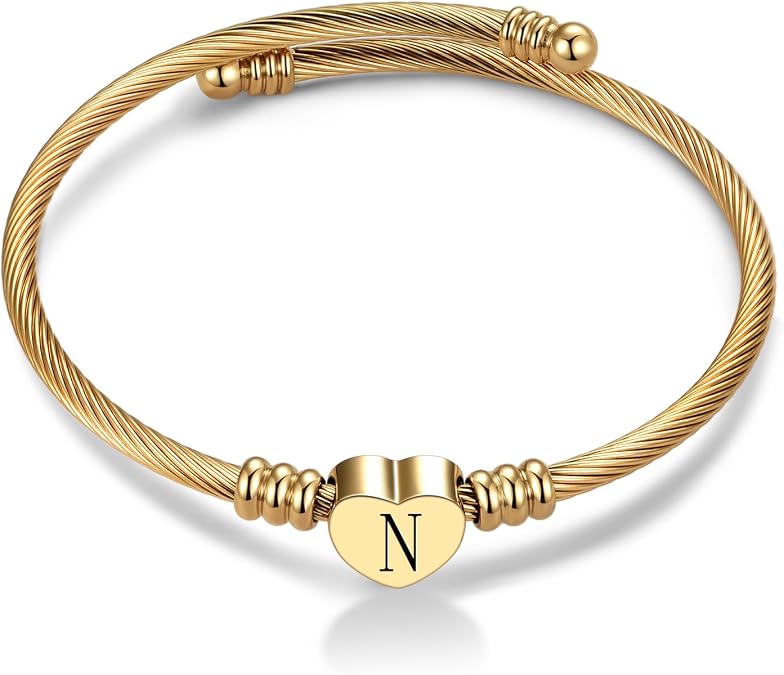 Women Gold Plated Heart Initial A-Z Letter Cuff Bracelets