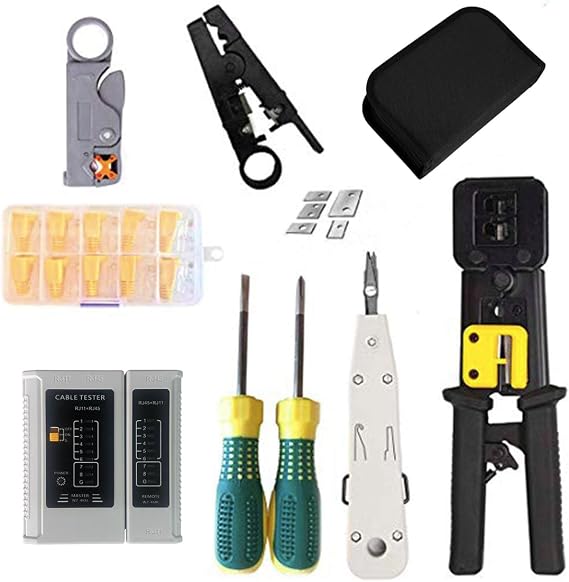 Rj45 Crimping Tool Network Tool Kit for Cat5 Cat5e Cat6, 6P 8P Multi-function Cable Cutter Pass Through Crimper, Ethernet Tool Kit RJ45/RJ11/RJ12 Network Cable Tester Punch Down Tool