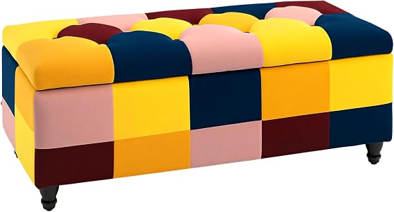 HOMCOM 114 x 47 x 47cm Velvet Storage Ottoman, Button-tufted Footstool Box, Toy Chest with Lid for Living Room, Bedroom, Multicoloured
