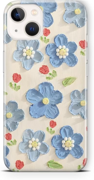 iPhone 15 ile Uyumlu Mavi Yağlı Boya Çiçek Desenli Şeffaf Telefon Kılıfı