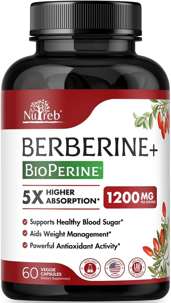 Nutreb Berberine Supplement 1200mg - 5X Higher Absorption - Ultra Pure 98% Berberine HCL - Healthy Weight Management, Immune Support - Non GMO, Manufactured in USA - 60 Vegan Capsules